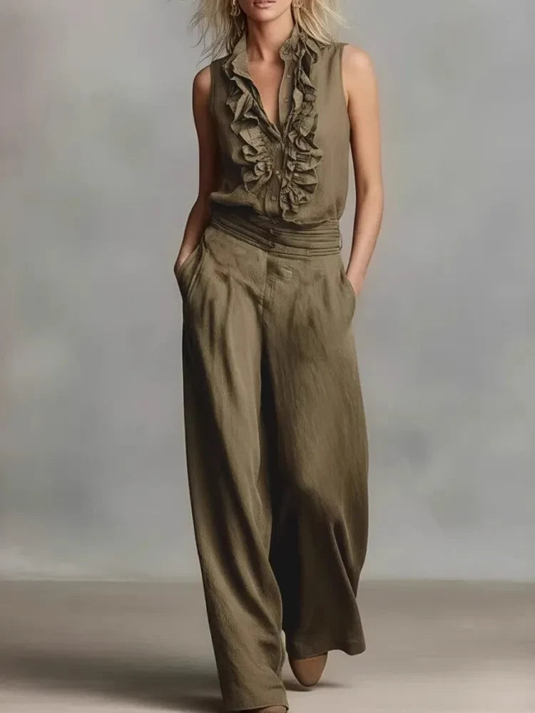 Sleeveless Linen Blend Matching Pant Set